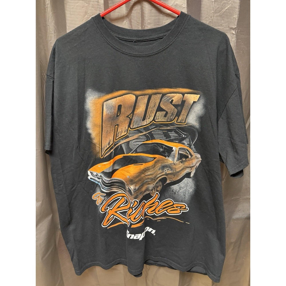 Snap On T-Shirt Mens Medium Rust to Riches Challenger Car Hot Rod Black Orange